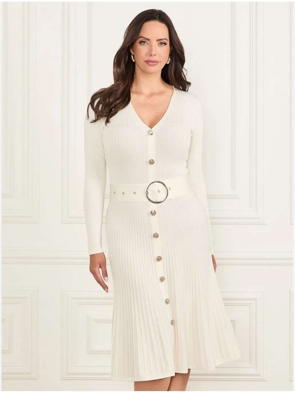 Marciano Ivory Ribbed V‑Neck Long Sleeve Button Midi Dress - Size XXS/XS